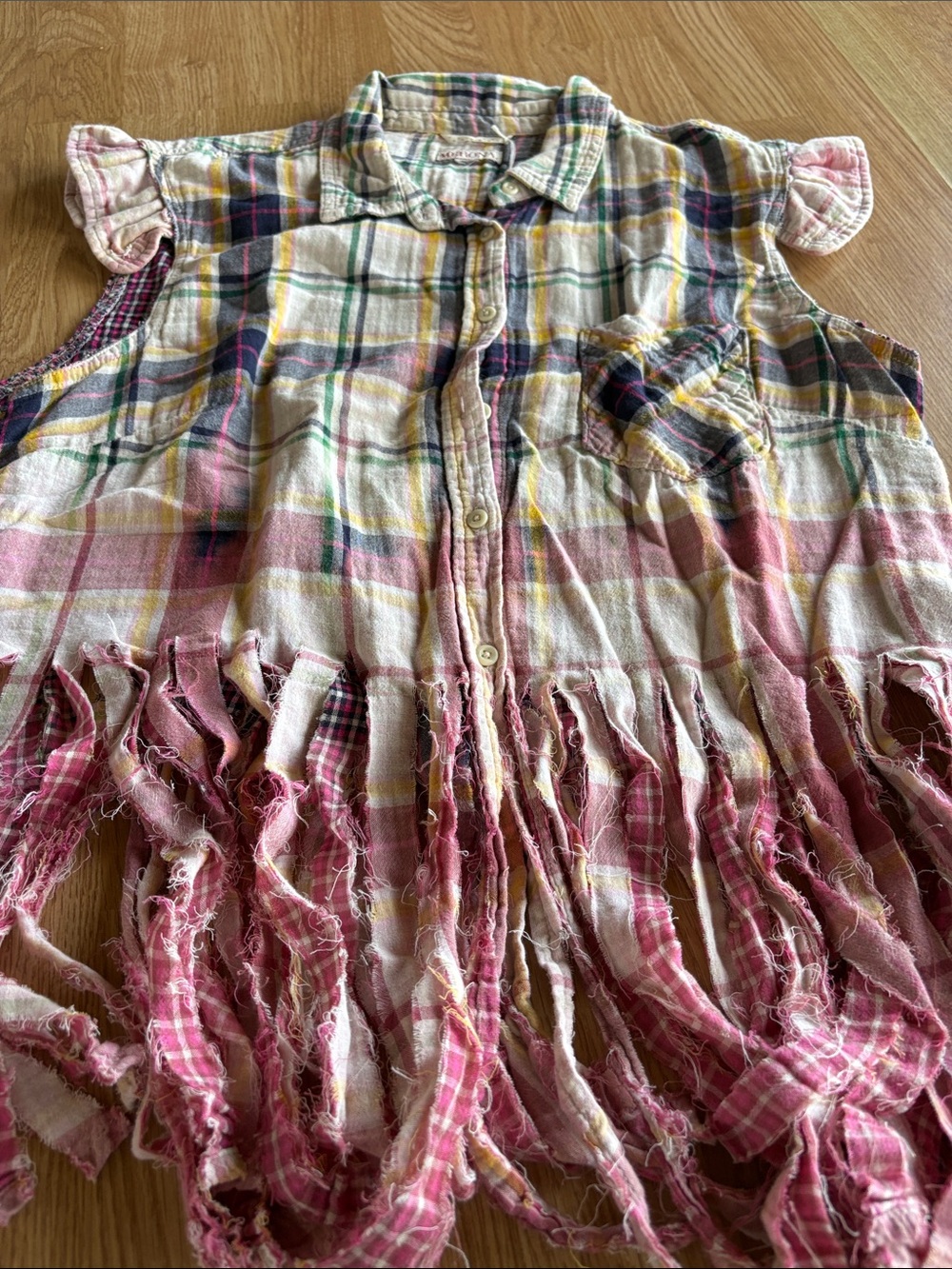 Merona Pink and Yellow Plaid Fringed Button-Down Top